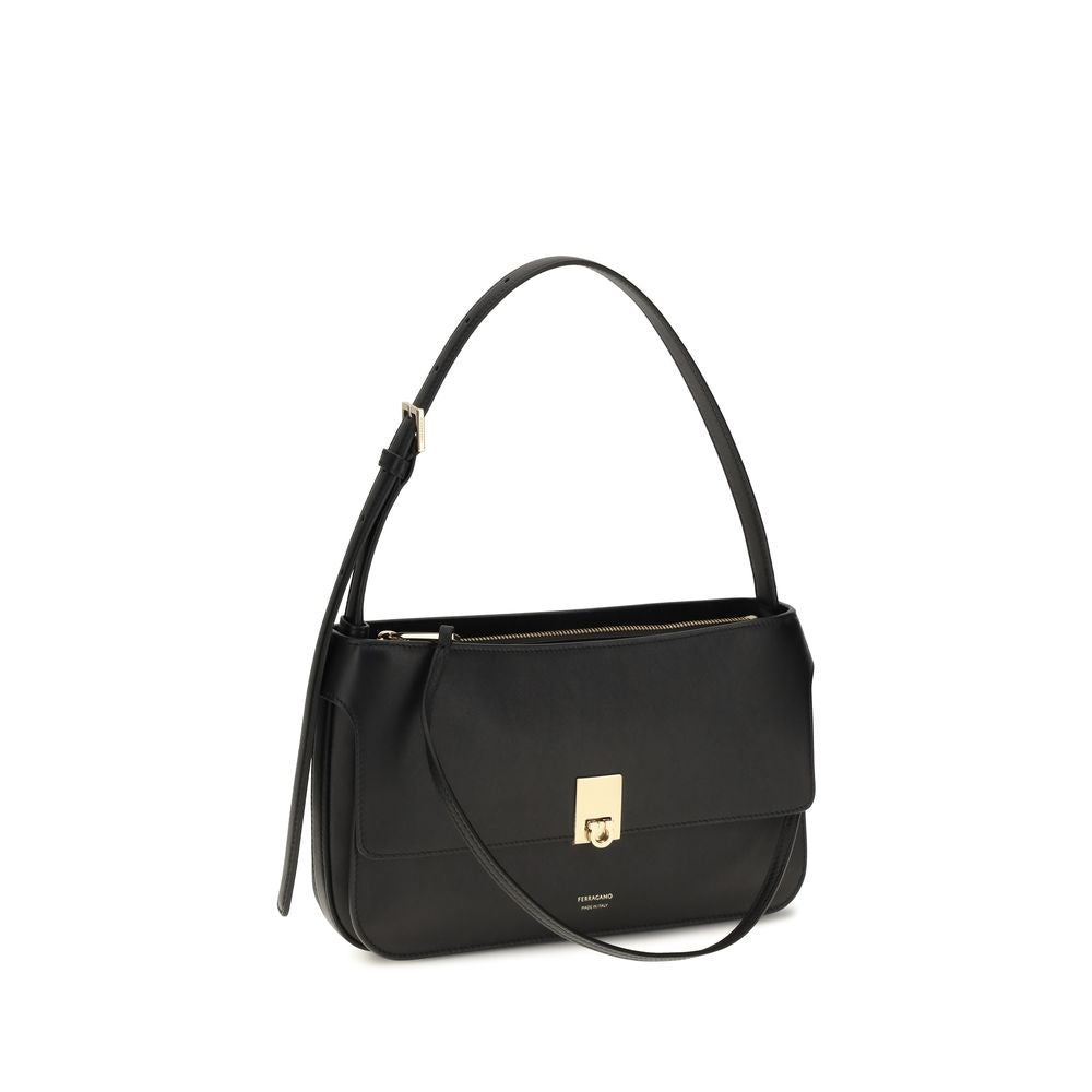 Ferragamo Black Calf Leather Bos Taurus Shoulder Bag