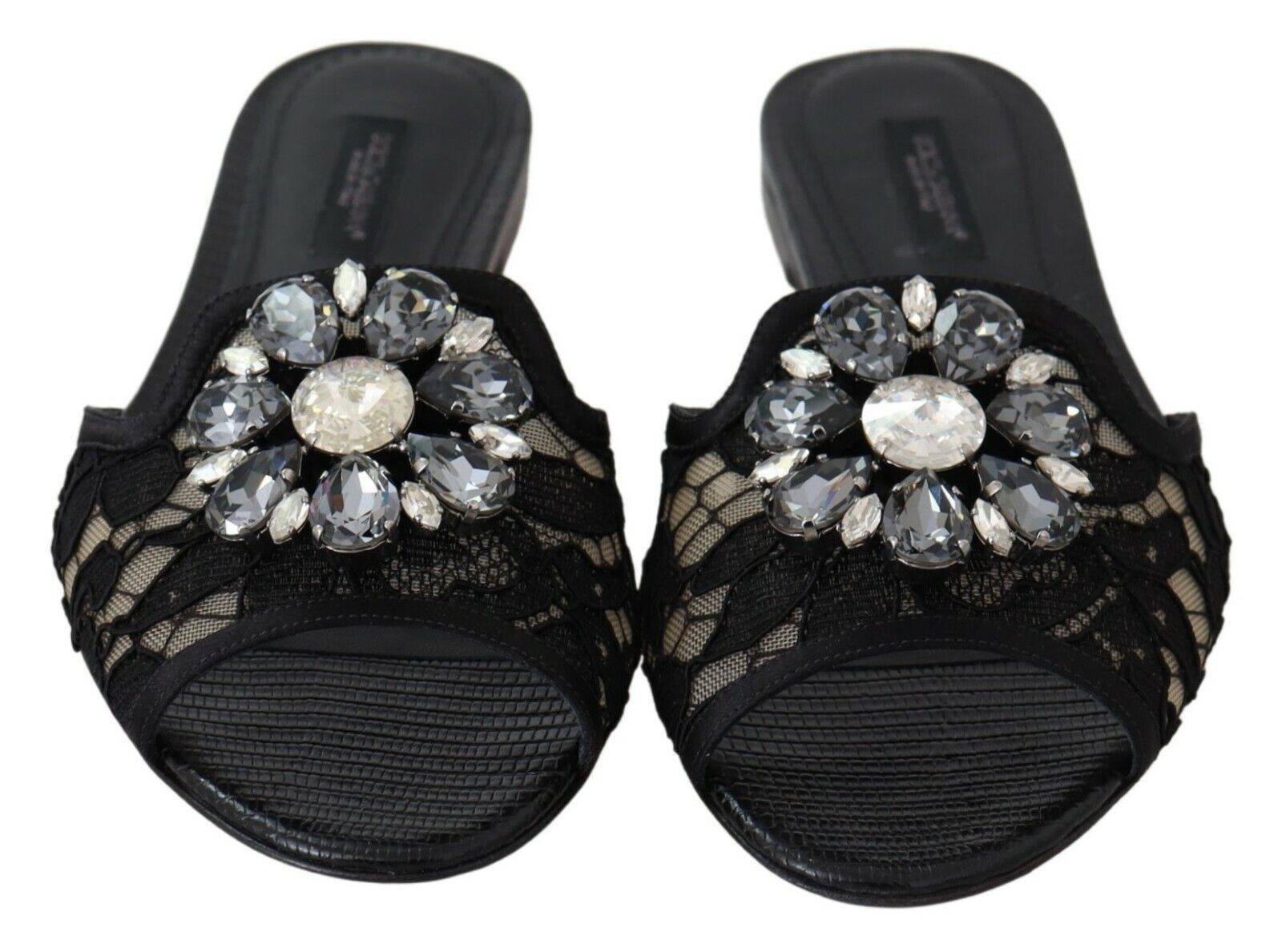 Dolce &amp; Gabbana Κομψά μαύρα δαντελένια μουλάρια με λεπτομέρεια από λουλούδι κόσμημα