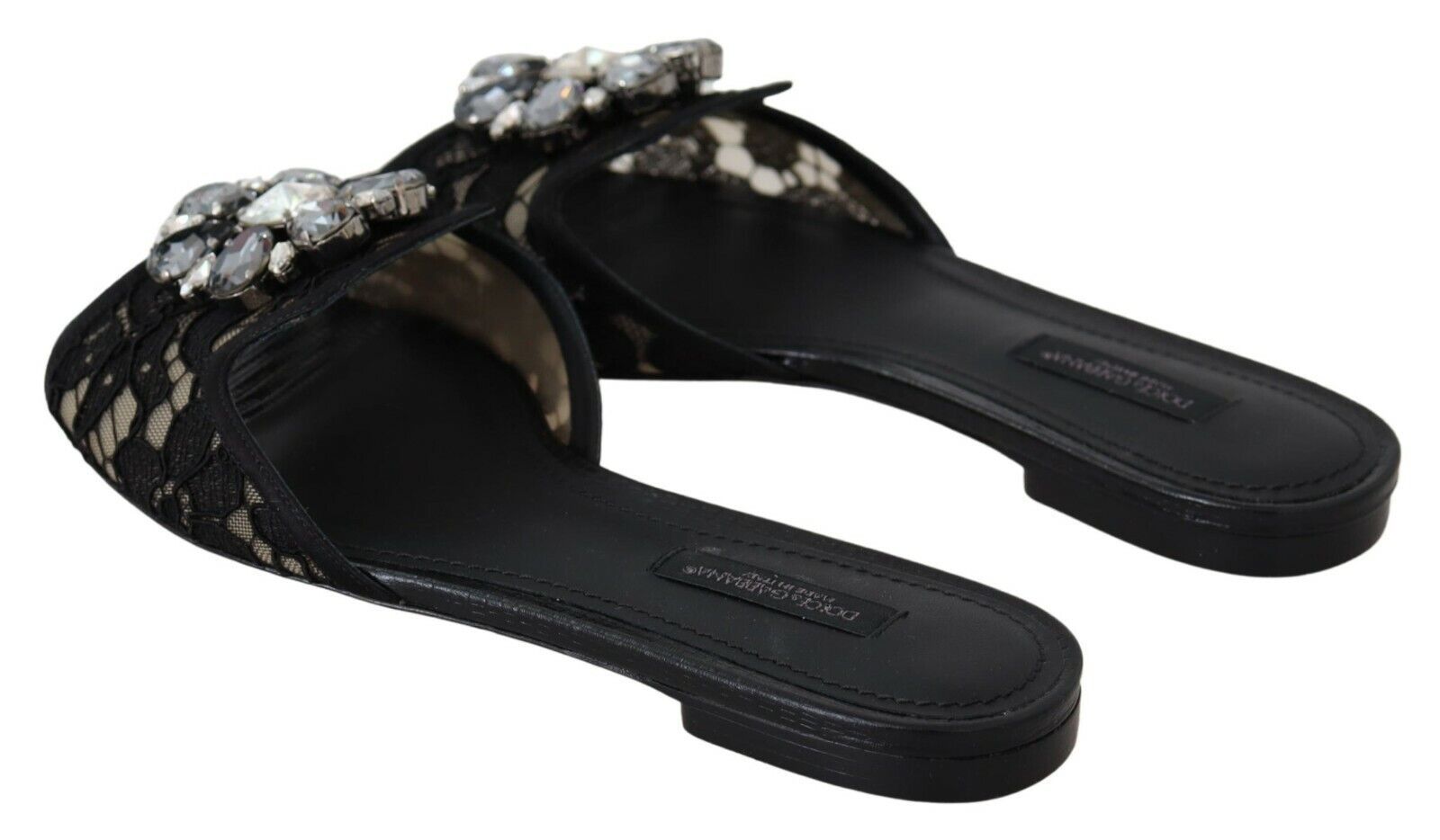 Dolce &amp; Gabbana Κομψά μαύρα δαντελένια μουλάρια με λεπτομέρεια από λουλούδι κόσμημα