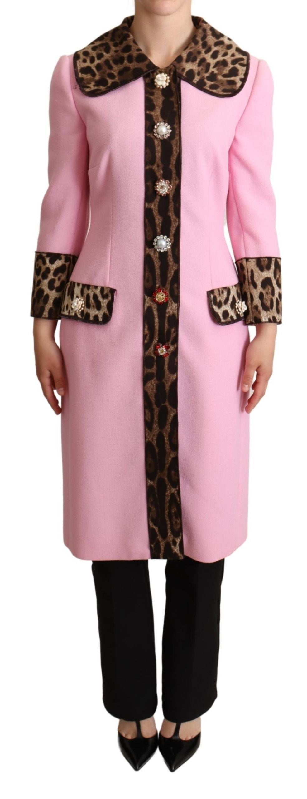 Dolce &amp; Gabbana Chic Pink Leopard Trench με κρυστάλλινα κουμπιά