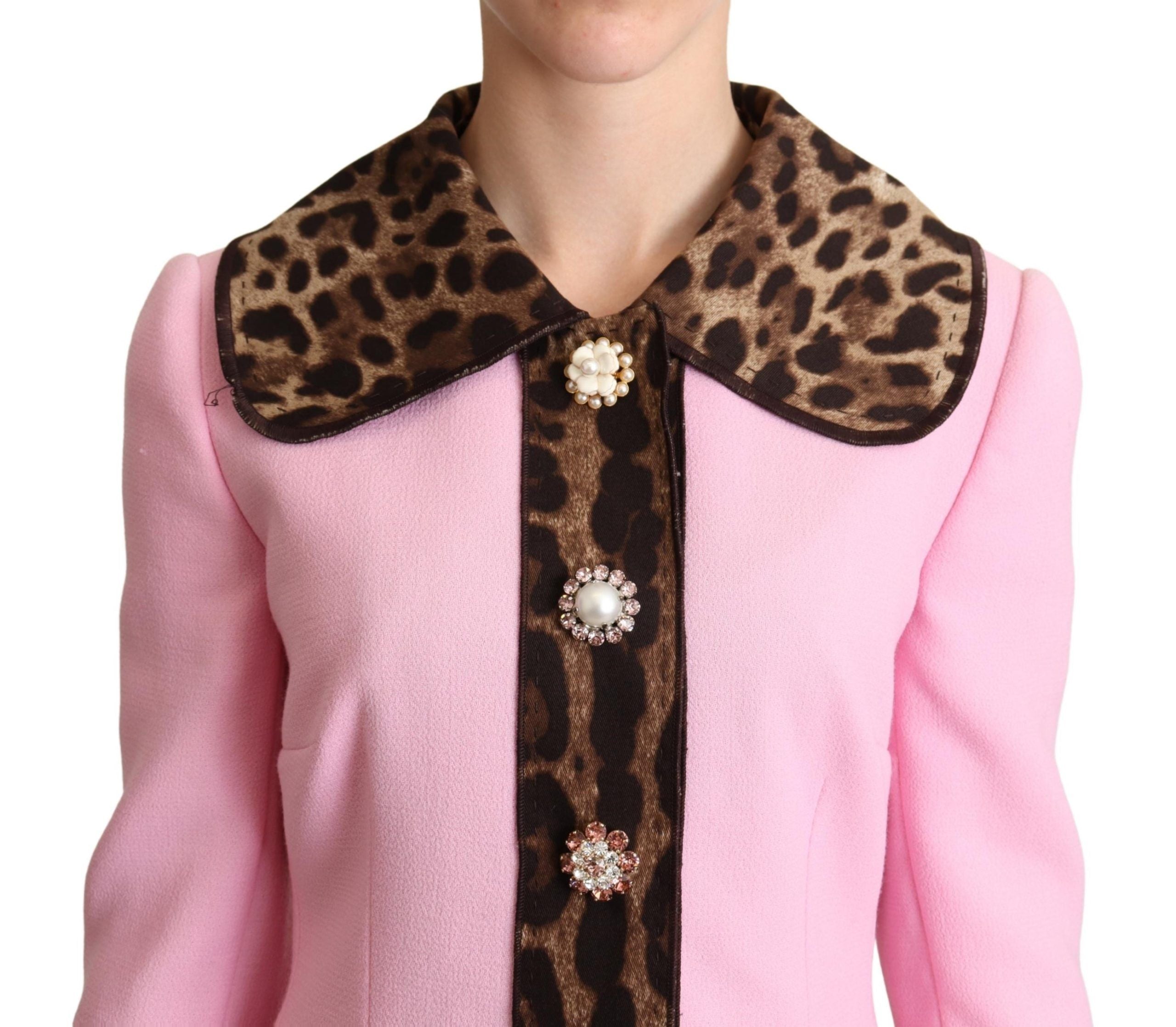 Dolce &amp; Gabbana Chic Pink Leopard Trench με κρυστάλλινα κουμπιά