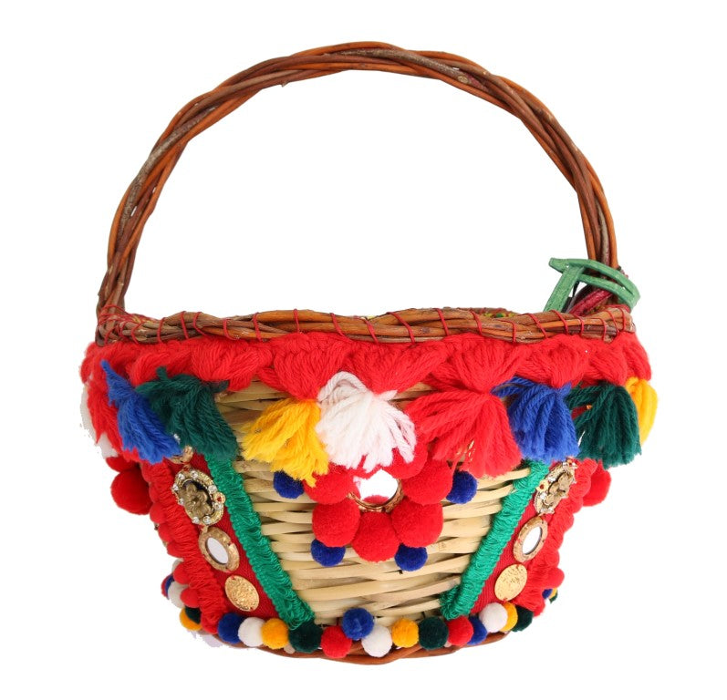 Dolce &amp; Gabbana Κομψό μπεζ άχυρο και εξωτικά δέρματα Pom Pom Tote