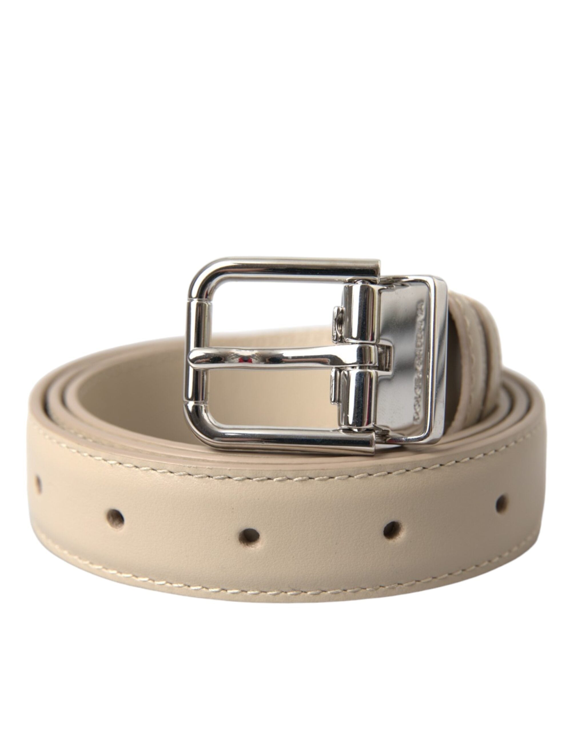 Dolce &amp; Gabbana Beige Δερμάτινη Δέρμα Μοσχαριού Ασημένια Μεταλλική Ζώνη Πόρπης
