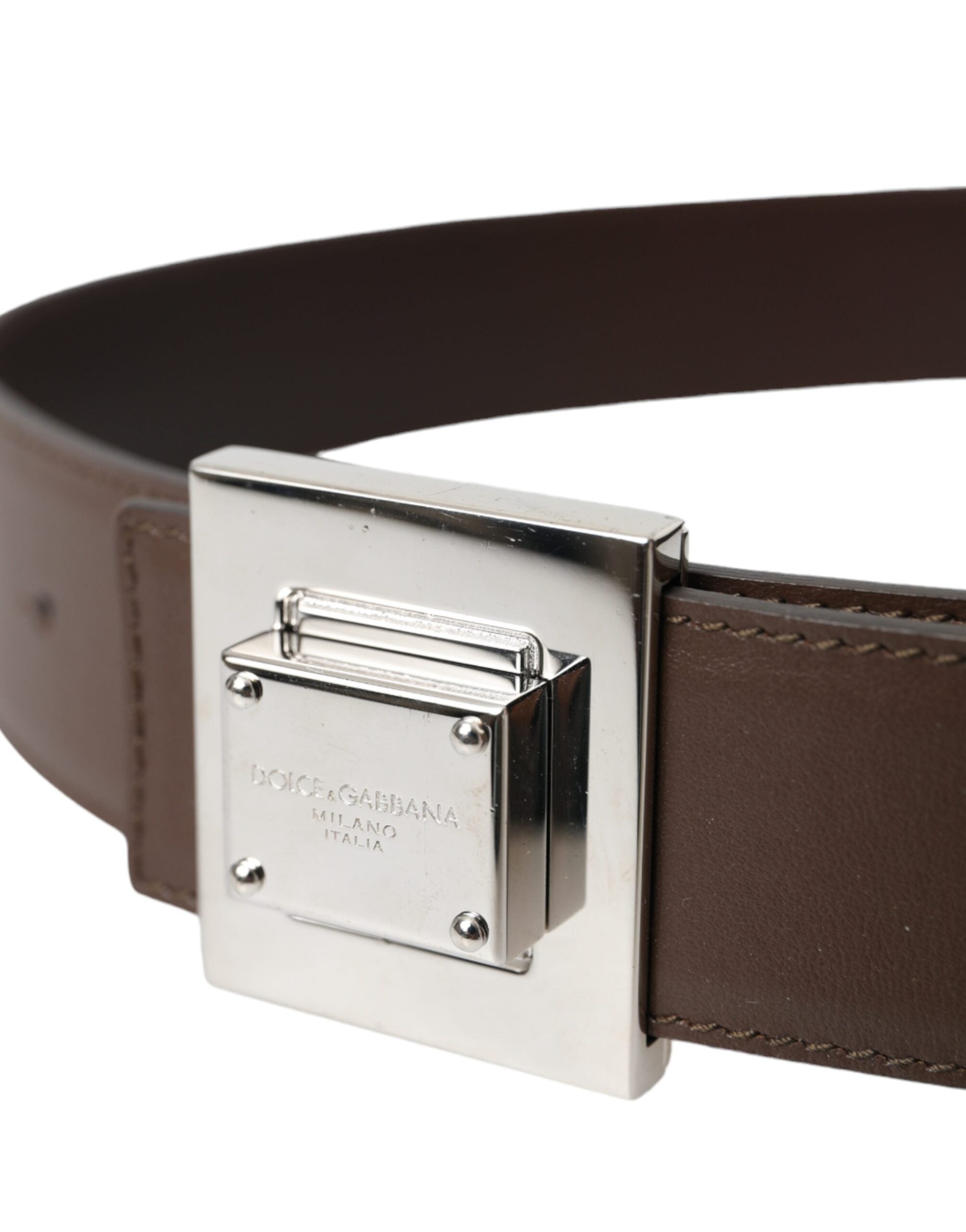 Dolce &amp; Gabbana Brown Calf Δερμάτινη τετράγωνη μεταλλική ζώνη με πόρπη