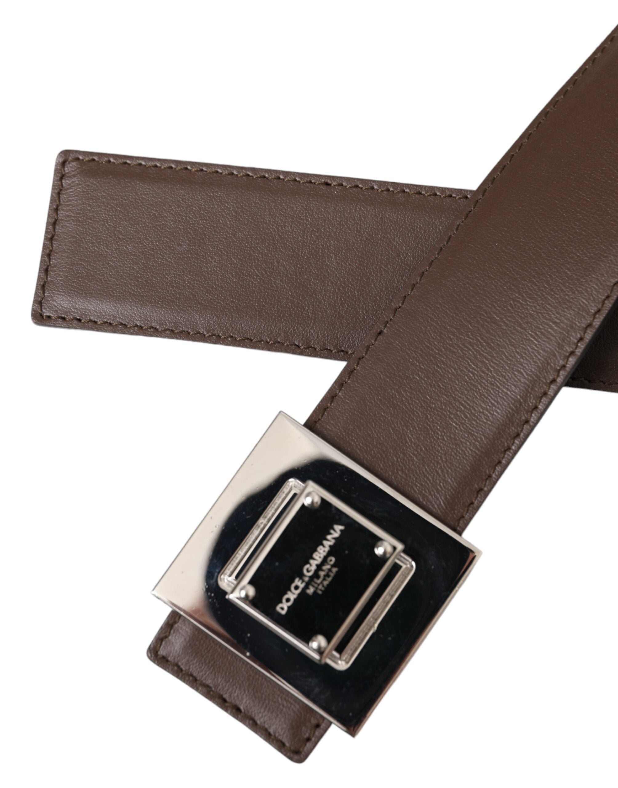 Dolce &amp; Gabbana Brown Calf Δερμάτινη τετράγωνη μεταλλική ζώνη με πόρπη