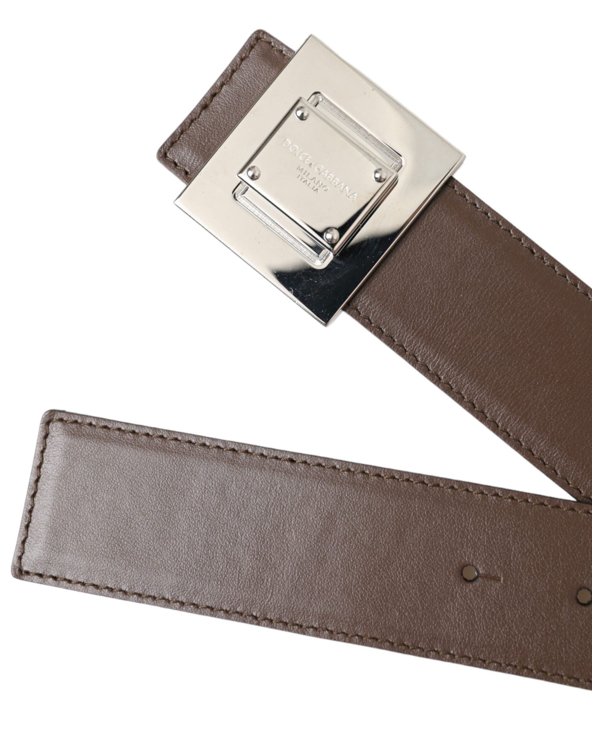 Dolce &amp; Gabbana Brown Calf Δερμάτινη τετράγωνη μεταλλική ζώνη με πόρπη
