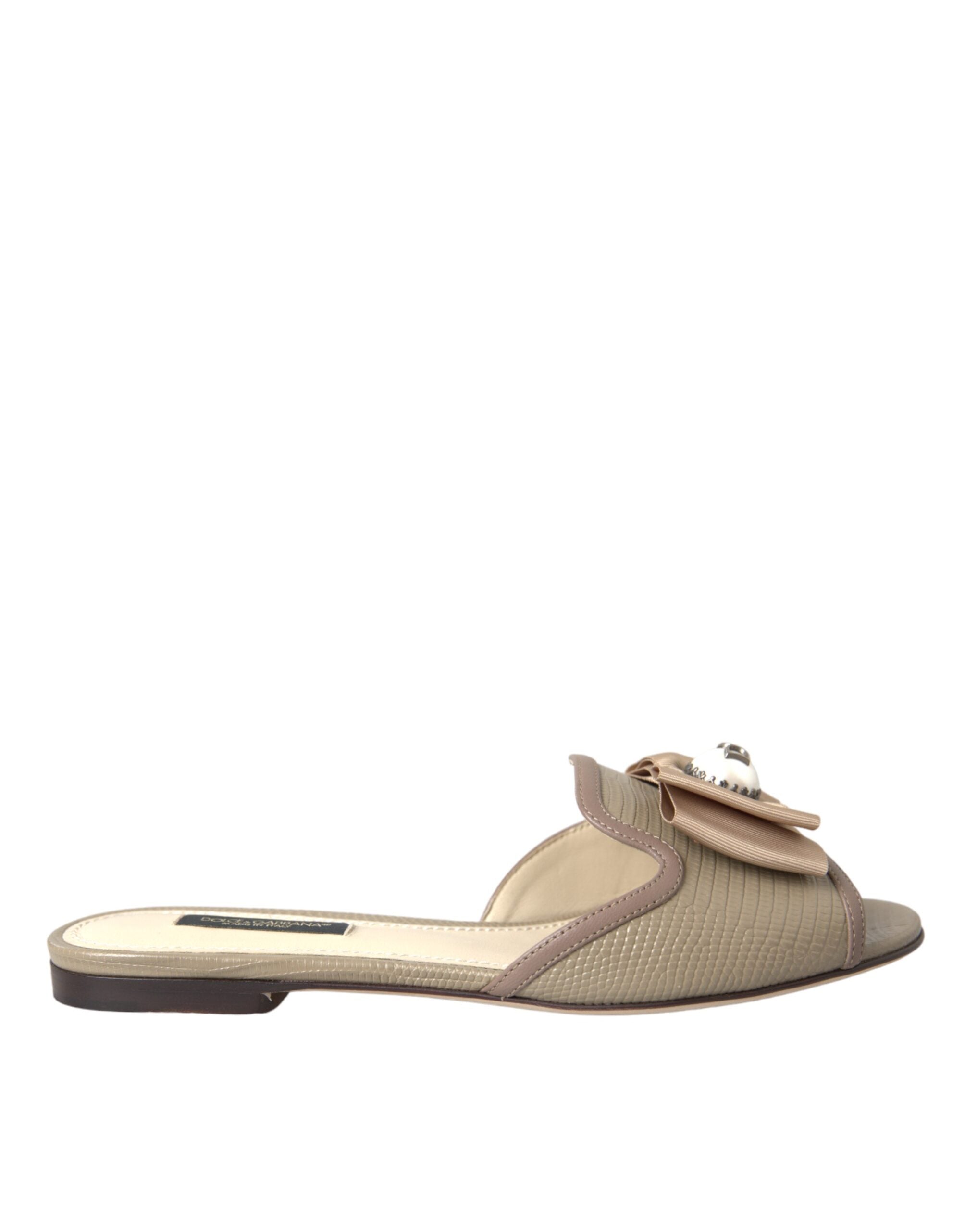 Dolce &amp; Gabbana Beige Logo Pearl Flats Σανδάλια Slides Παπούτσια