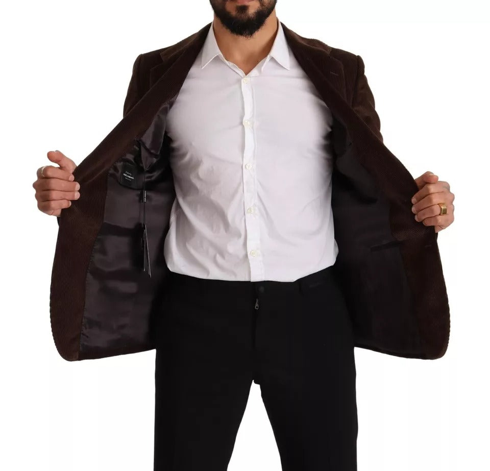 Dolce &amp; Gabbana Brown Corduroy Slim Fit Coat DG Logo Blazer