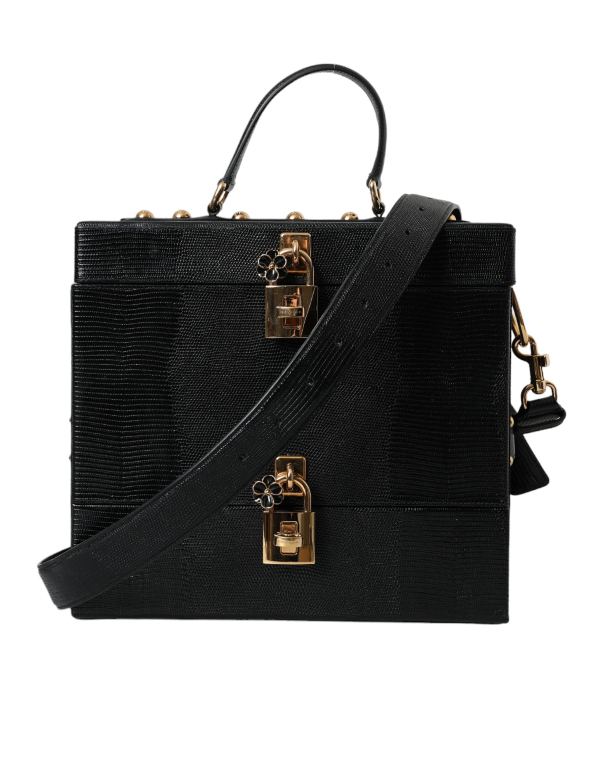 Τσάντα διπλού κουτιού Dolce &amp; Gabbana Black Lizard με ανάγλυφο δέρμα μοσχαριού