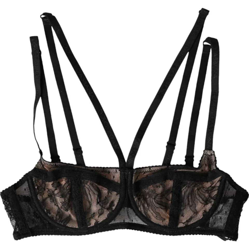 Dolce &amp; Gabbana Μαύρο Floral Lace Nylon Balconcino Bra Εσώρουχα