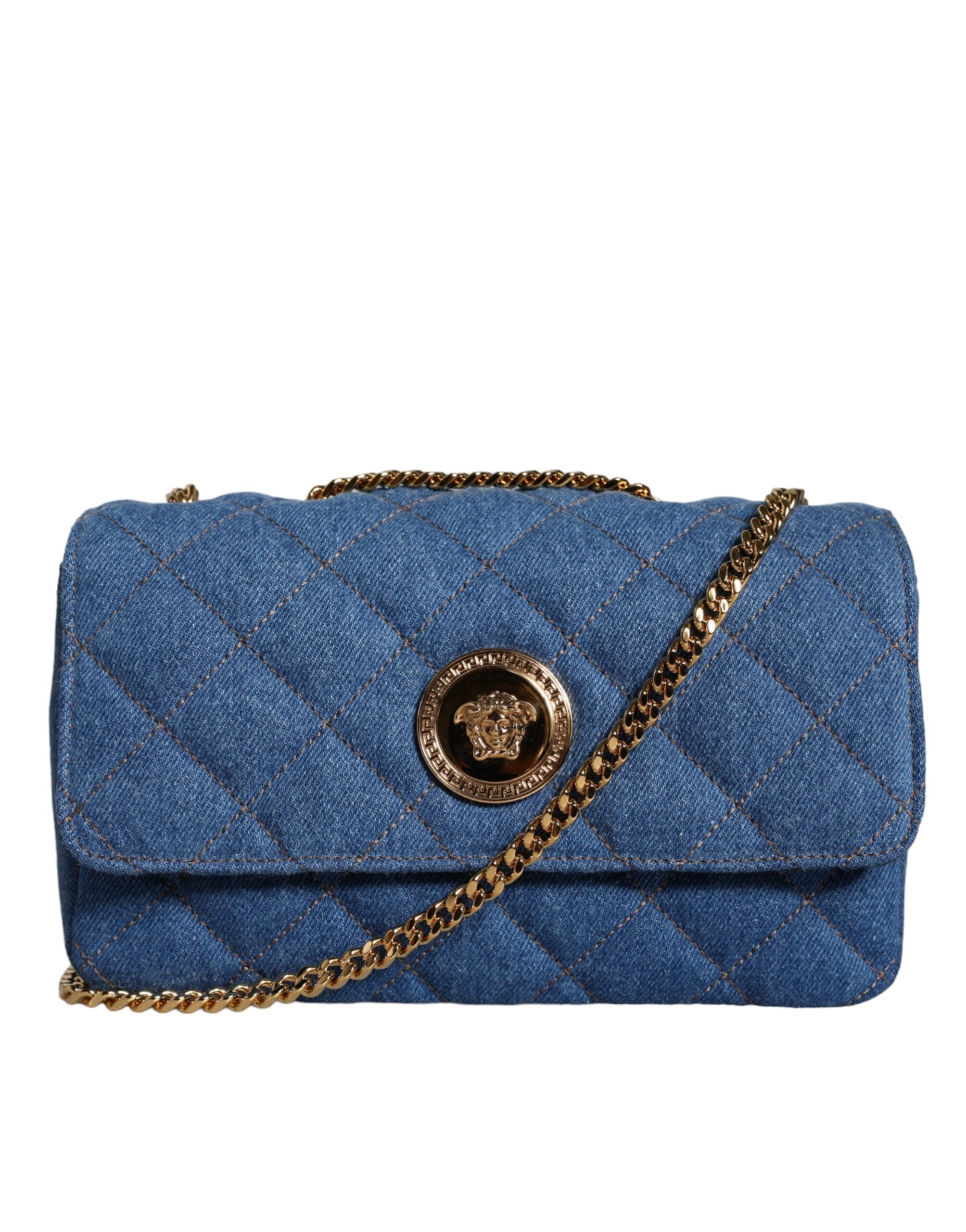 Τσάντα ώμου Versace Blue Quilted Jenim Δερμάτινη χιαστί