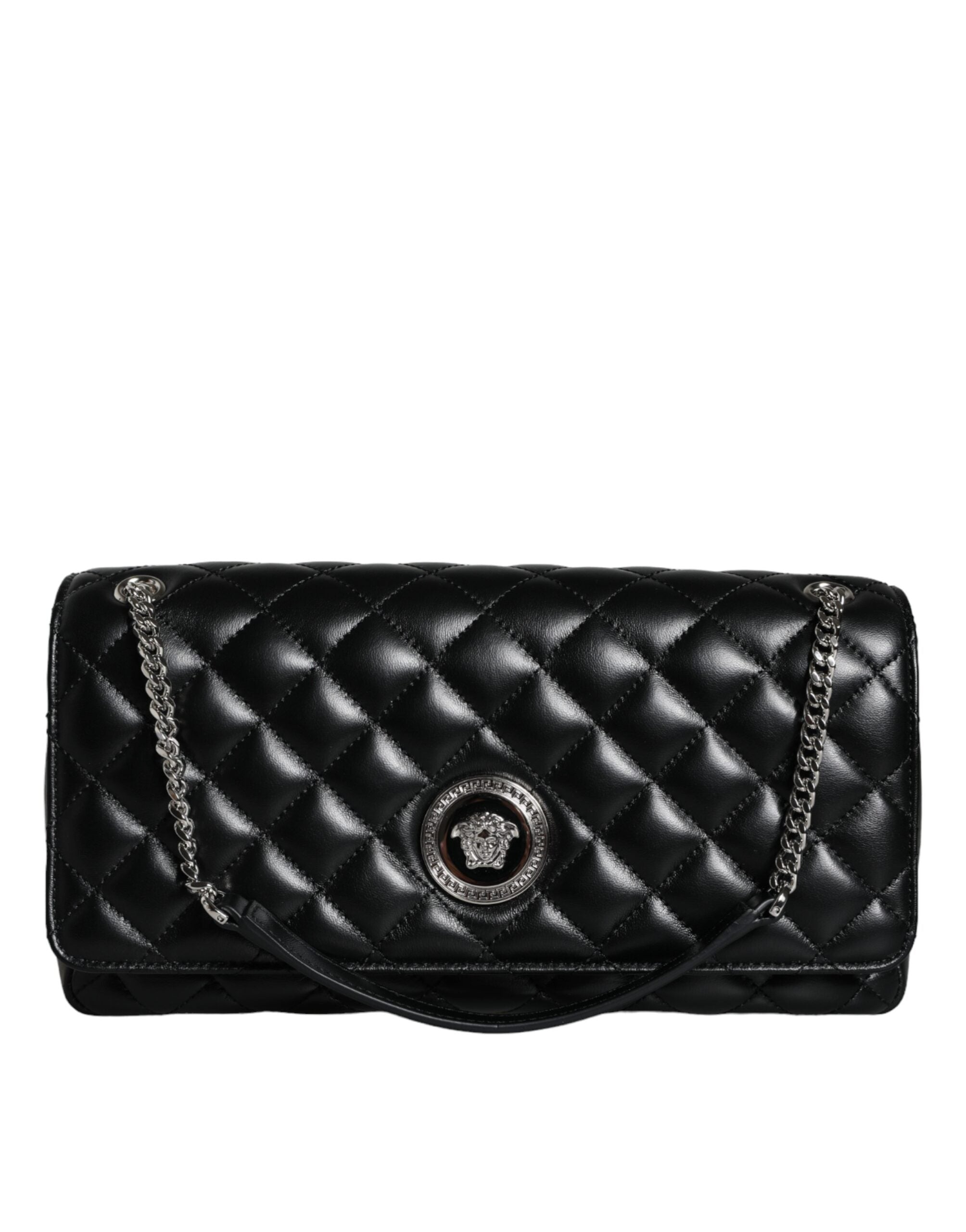 Τσάντα ώμου Versace Μαύρη Καπιτονέ Lambskin Δερμάτινη χιαστί
