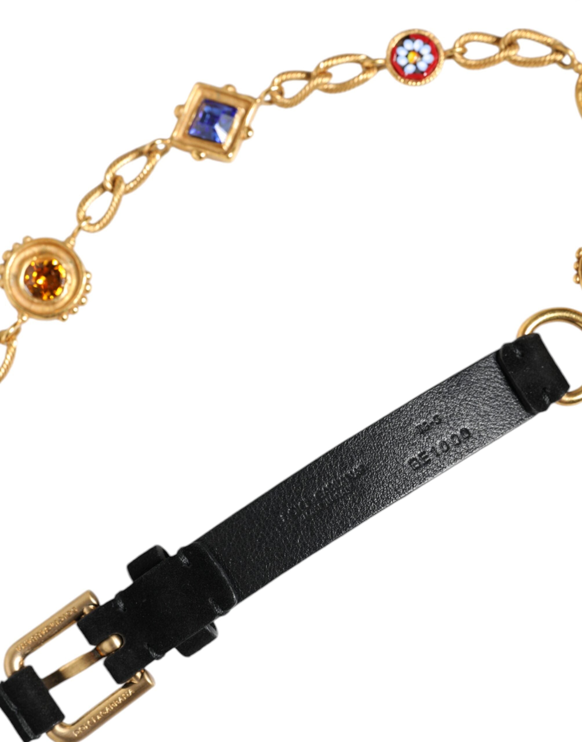 Ζώνη μέσης με αλυσίδα Dolce &amp; Gabbana Μαύρο Δερμάτινο Χρυσό Μπρούτζινο Κρυστάλλινο