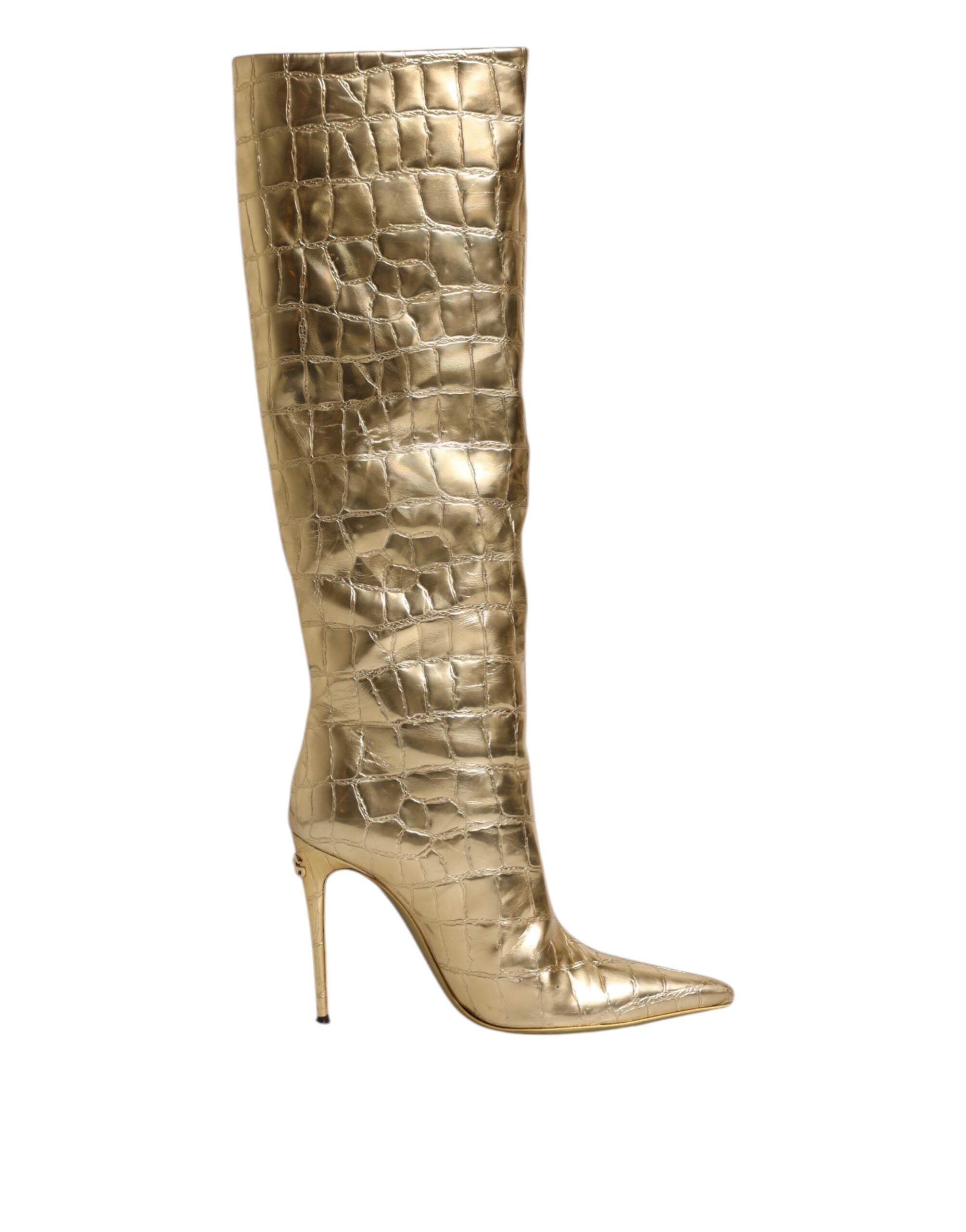 Dolce &amp; Gabbana Χρυσά Δερμάτινα Stiletto Γόβες Ψηλές Μπότες Παπούτσια