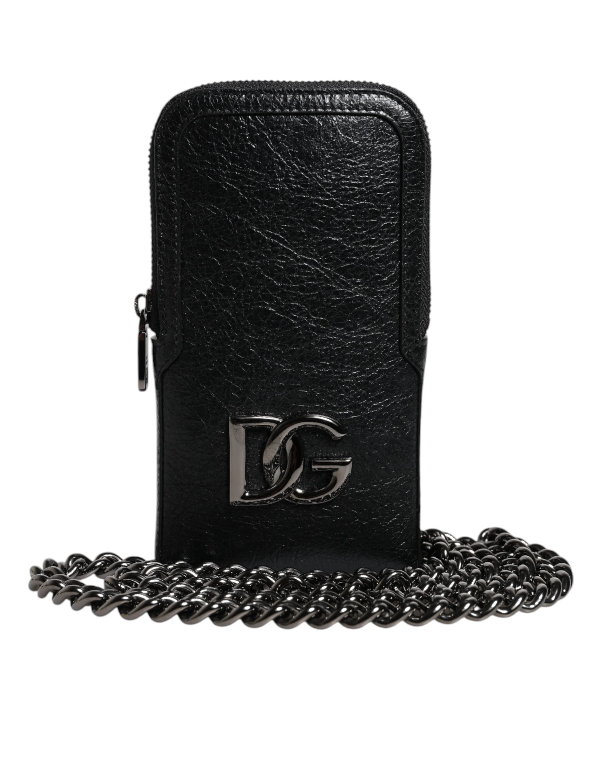 Dolce &amp; Gabbana Μαύρο δερμάτινο πορτοφόλι χιαστί Chain Sling Phone Bag