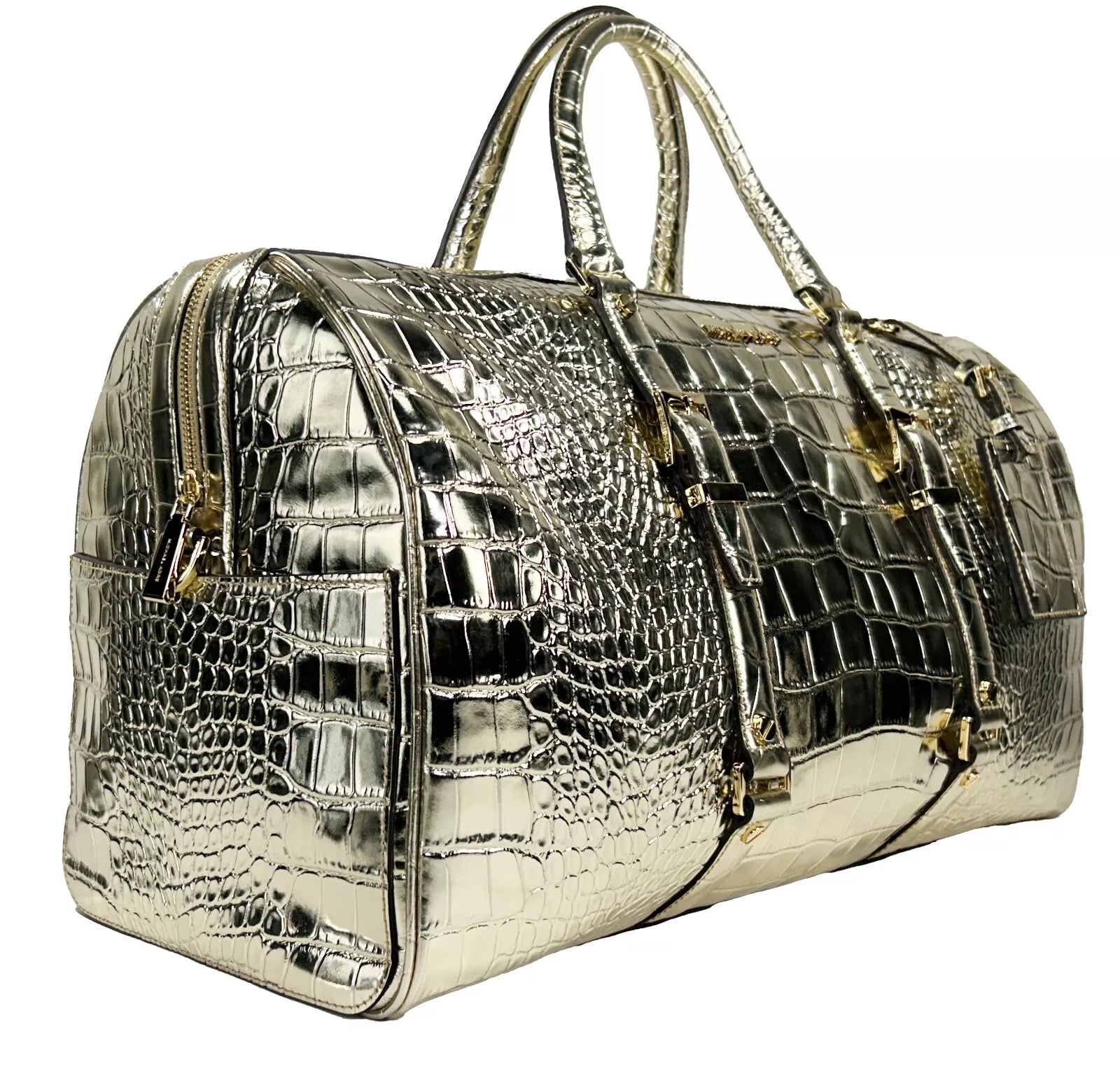 Michael Kors Bedford Travel XL Embossed Duffle Bag Weekender Gold
