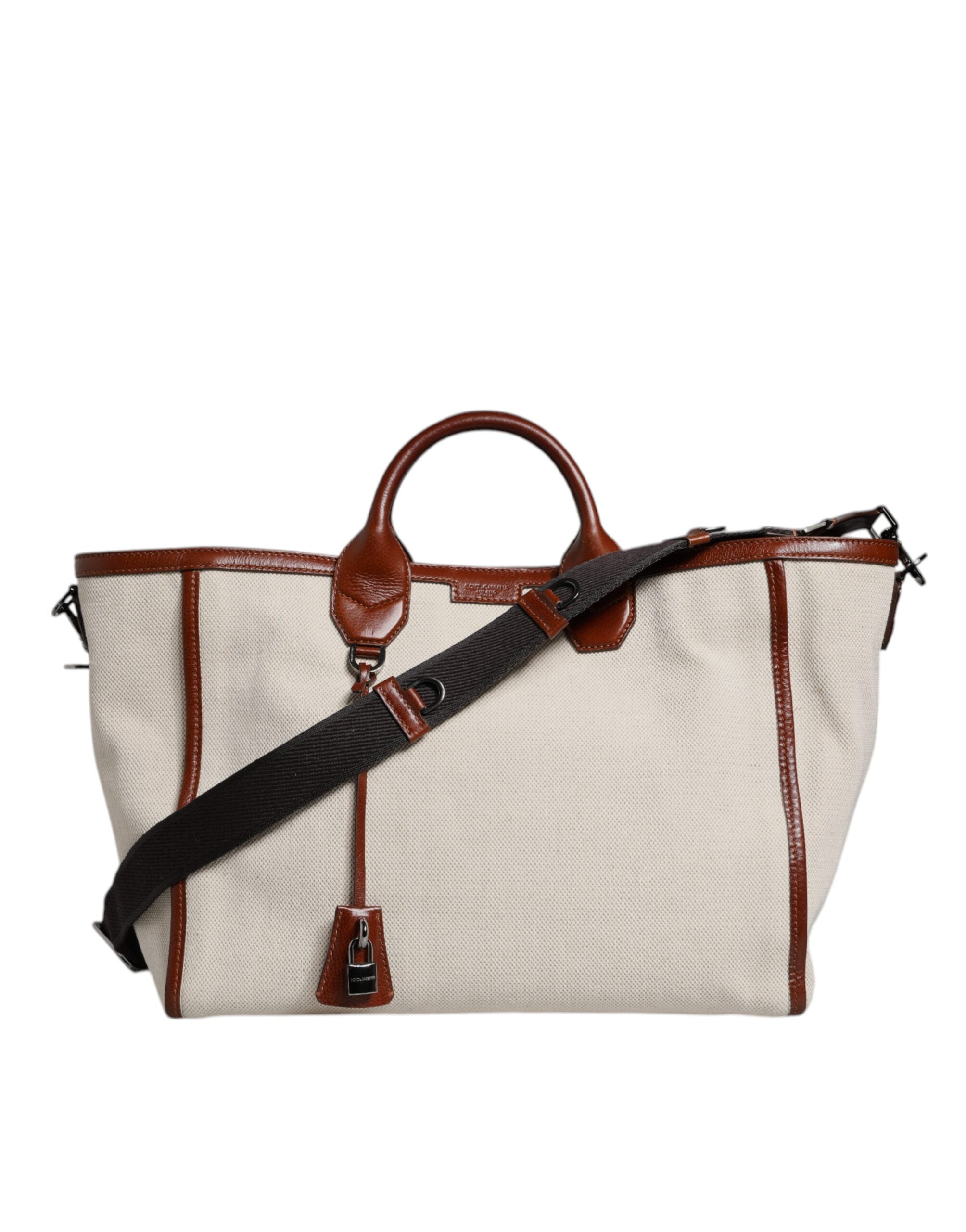 Dolce & Gabbana Beige Brown Cotton Leather Duffle Shoulder Bag