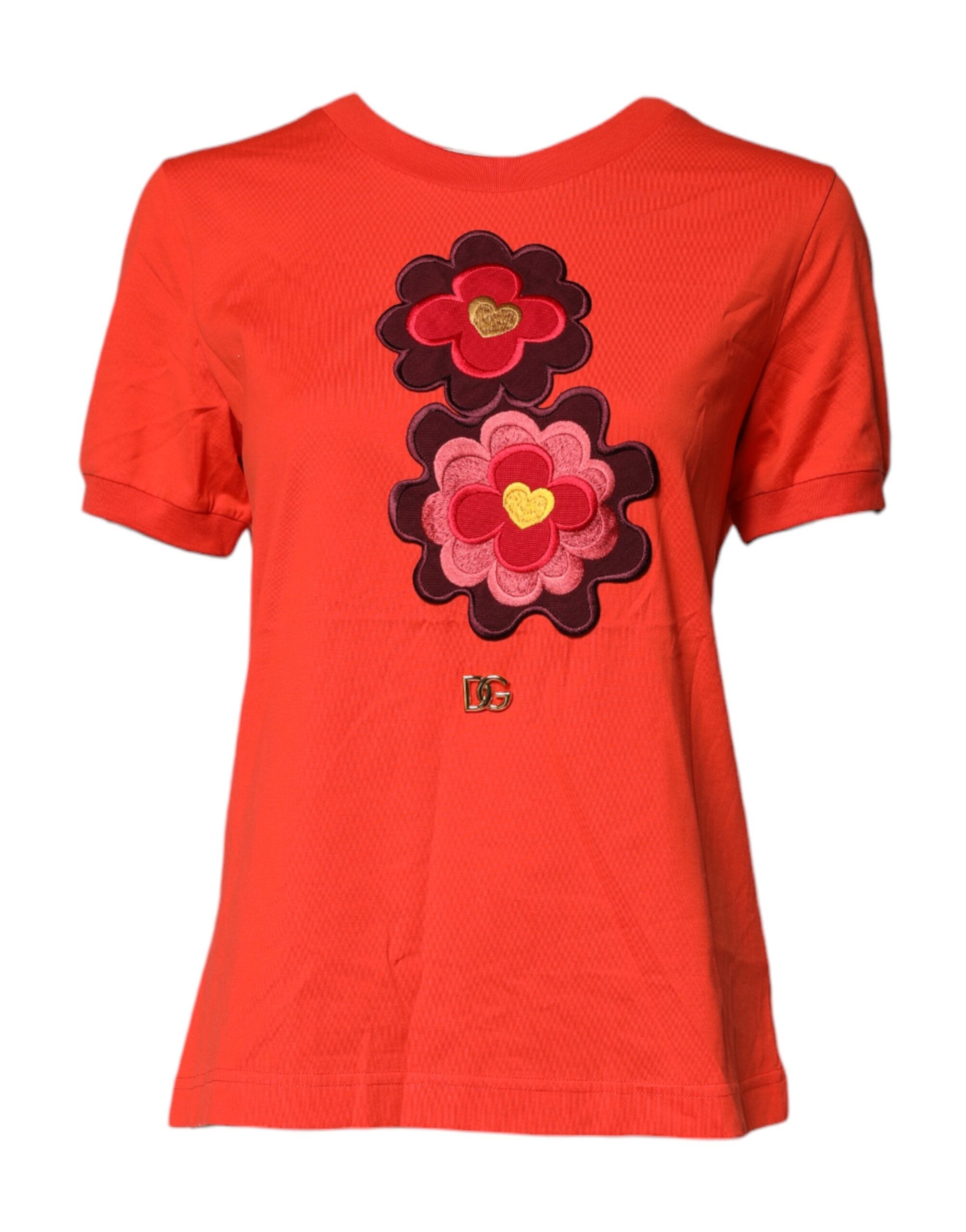 Dolce & Gabbana Red Floral Embroidery Cotton Crew Neck T-shirt