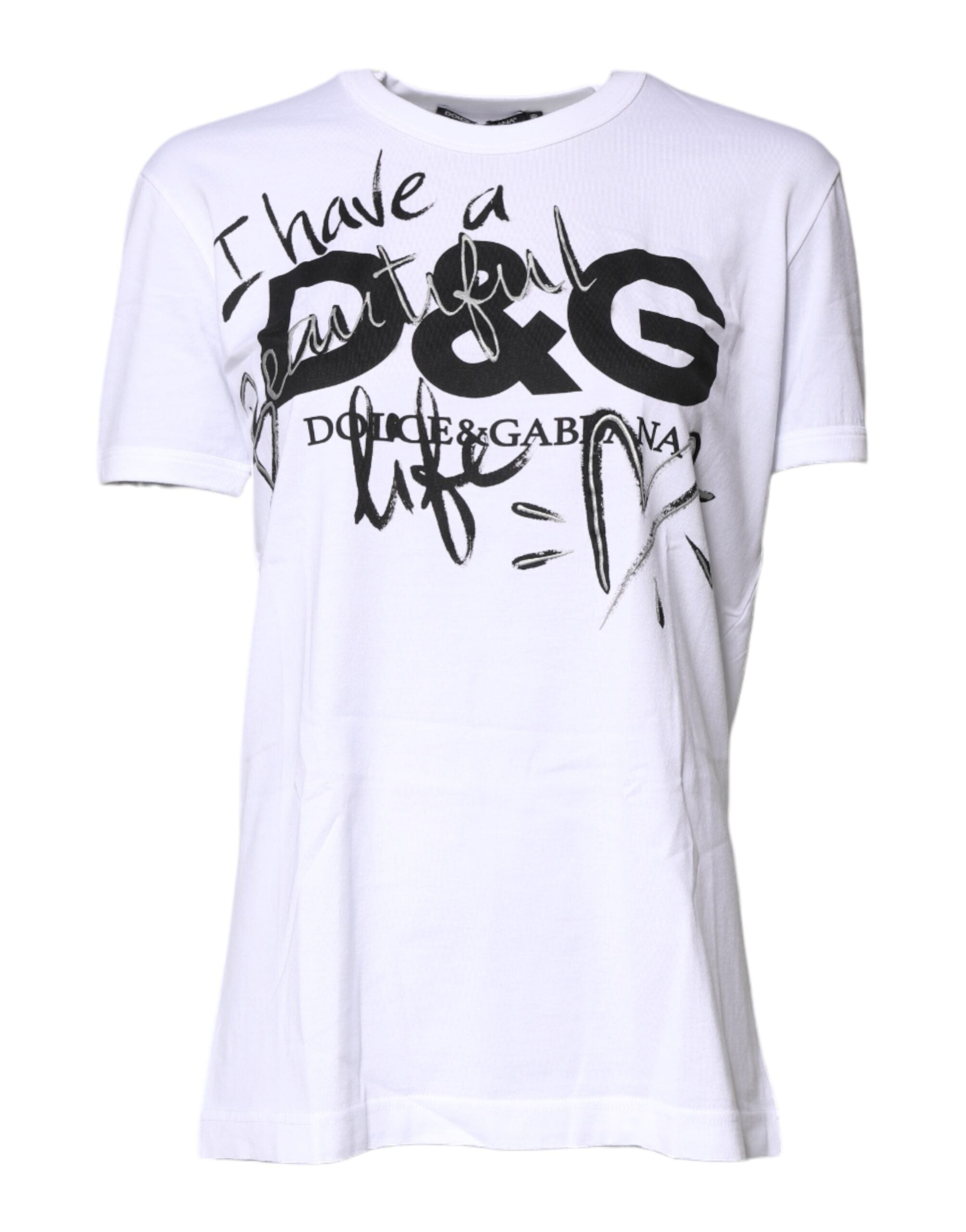 Dolce & Gabbana White Printed Round Neck Top Cotton T-shirt