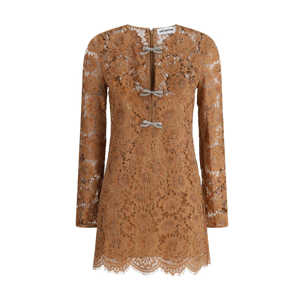 Self-Portrait Tan Lace Bow Mini Dress
