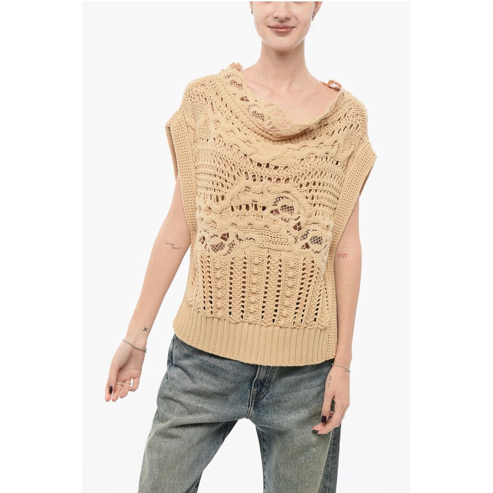 Ermanno Scervino Crochet Cotton Blend Sleeveless Sweater with Lace Detail