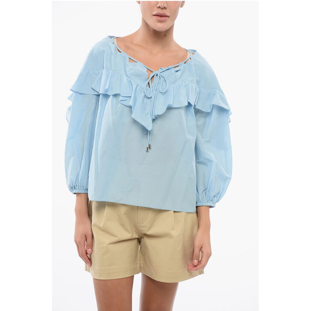 PINKO Solid Color Cotton and Silk BONES Blouse with Ruffles