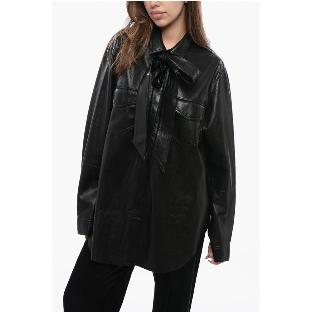 Nanushka Faux Leather Overshirt with Tie Neck