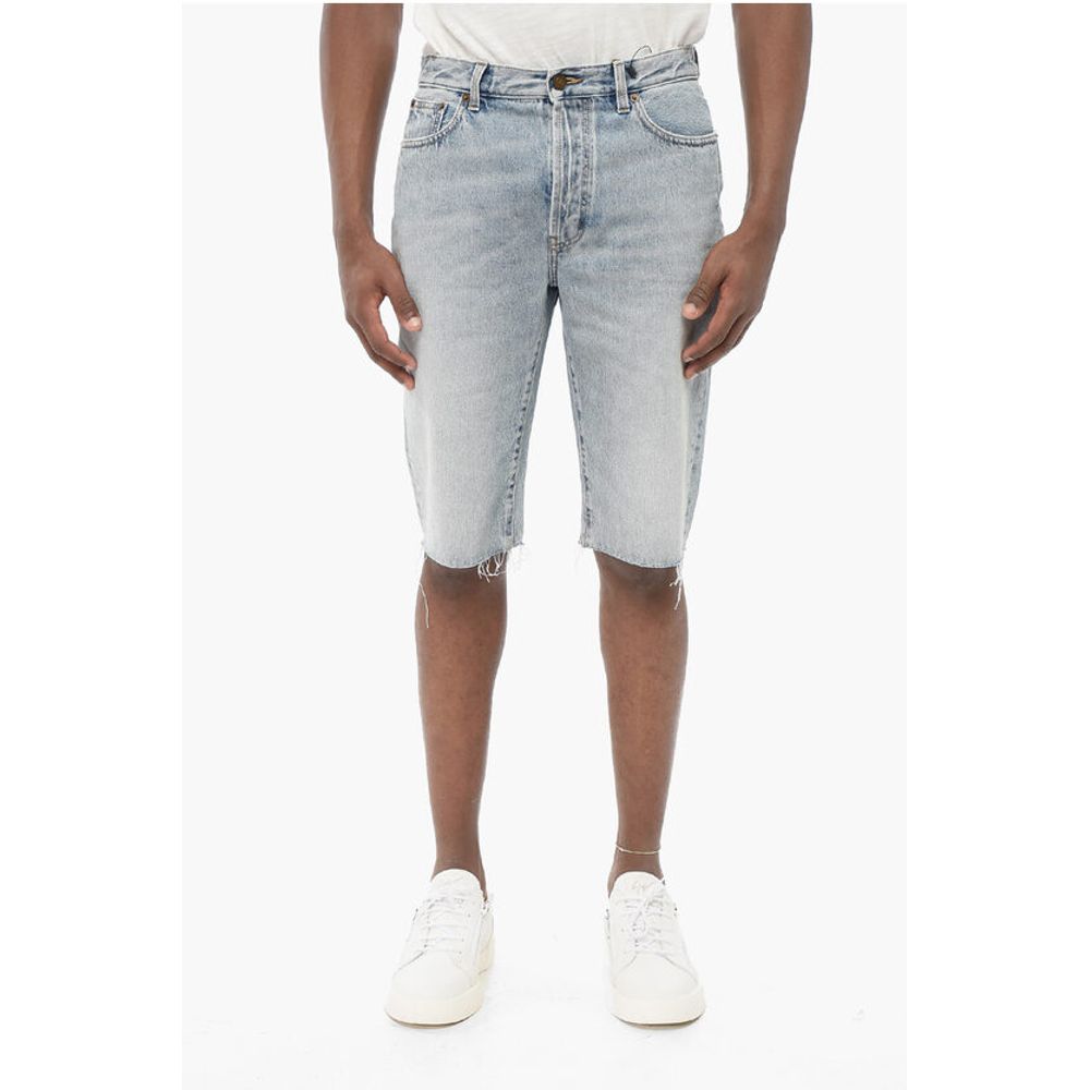 Saint Laurent Light Wash Denim Shorts with Fringed Bottom