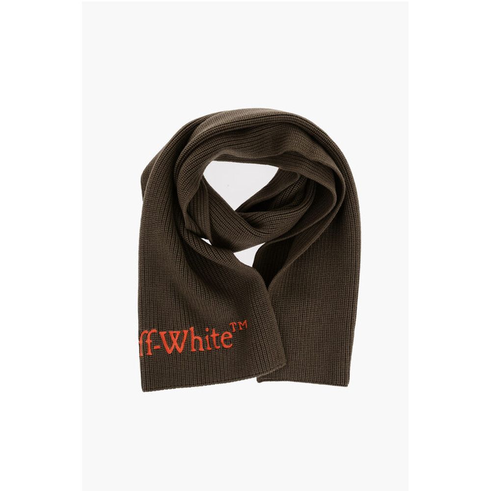 Off-White Virgin Wool Scarf with Embroidered Logo