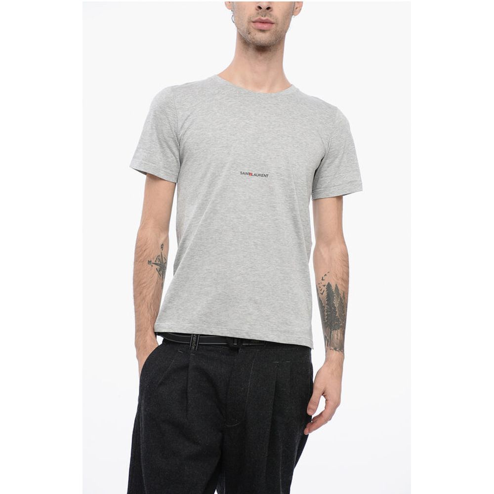 Saint Laurent Solid Color Crew-neck T-Shirt with Printed Logo